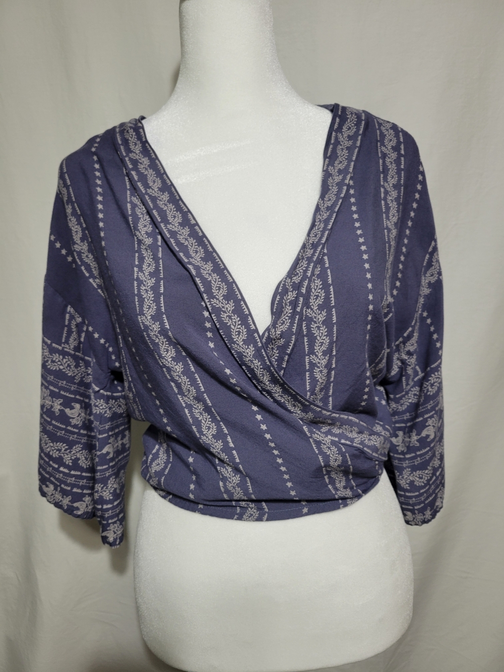 Japna Navy Blue Wrap-Style Cropped Top with Cream Pattern Boho
